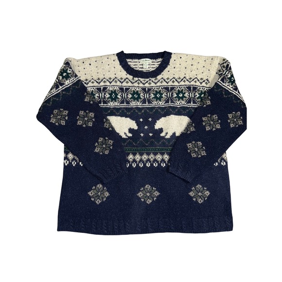 L.L. Bean Mens XXL Tall Wool Silk Polar Bear Fair Isle Crewneck Sweater Blue - Picture 6 of 8